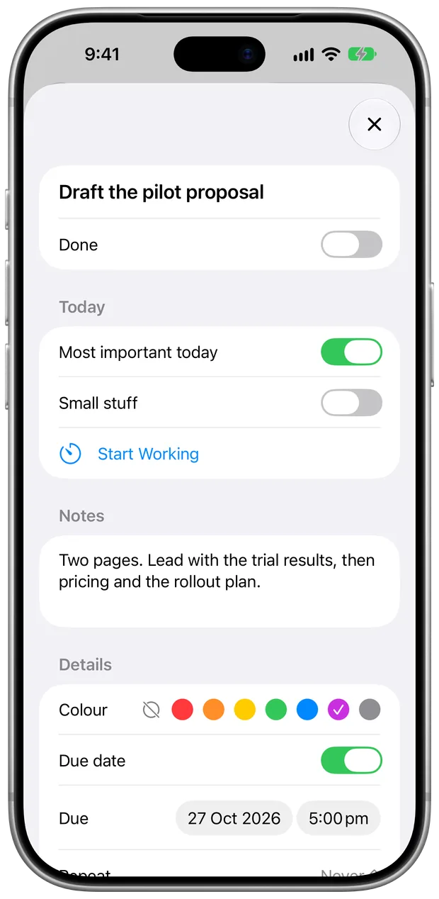A card on iPhone with Most important today, notes, colour and due date