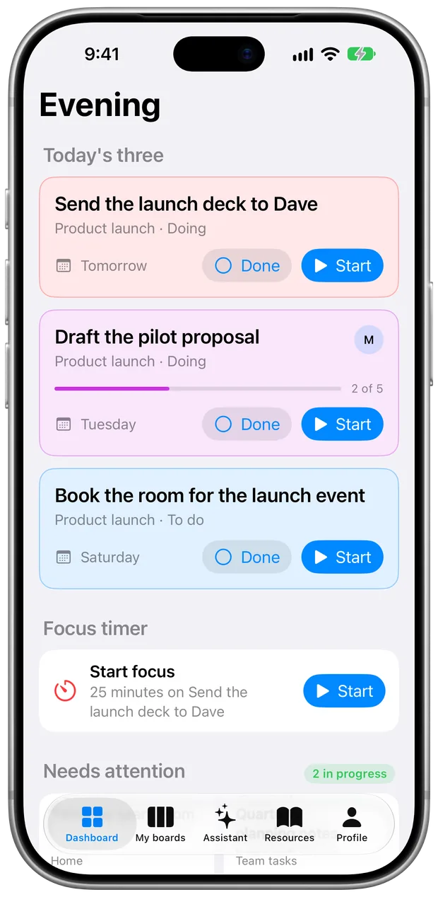 The Dashboard on iPhone: today's three most important cards with Done and Start, then the focus timer