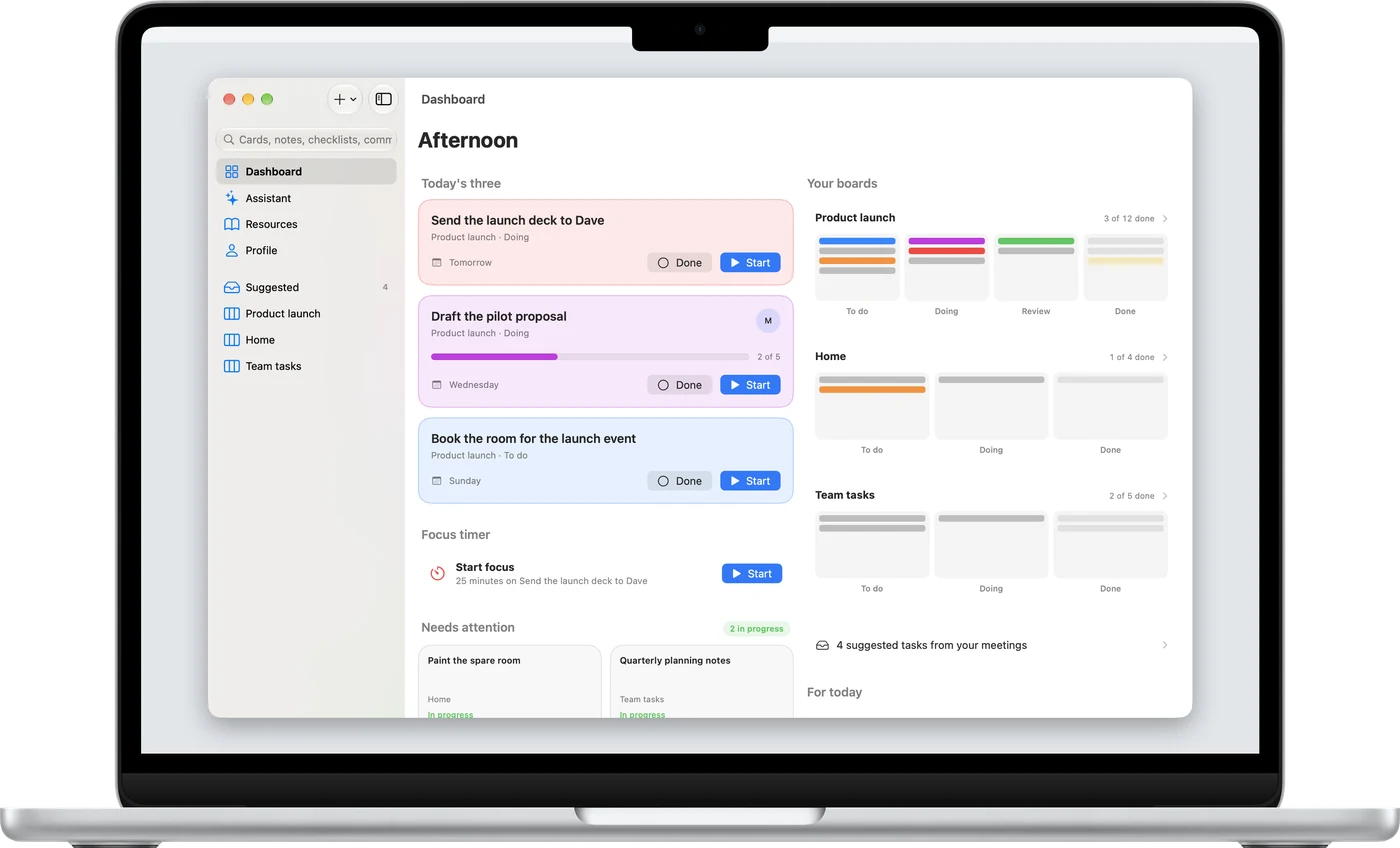 Lanes on a MacBook Air: boards in the sidebar, today's cards, the focus timer and a small view of each board