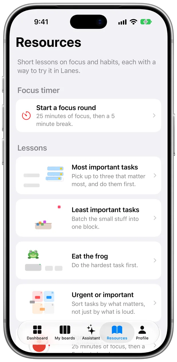 Resources on iPhone: the focus timer and lessons such as Most important tasks, Eat the frog and Urgent or important