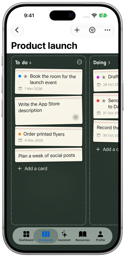 A board in the Chalkboard theme: index cards on a dark green slate