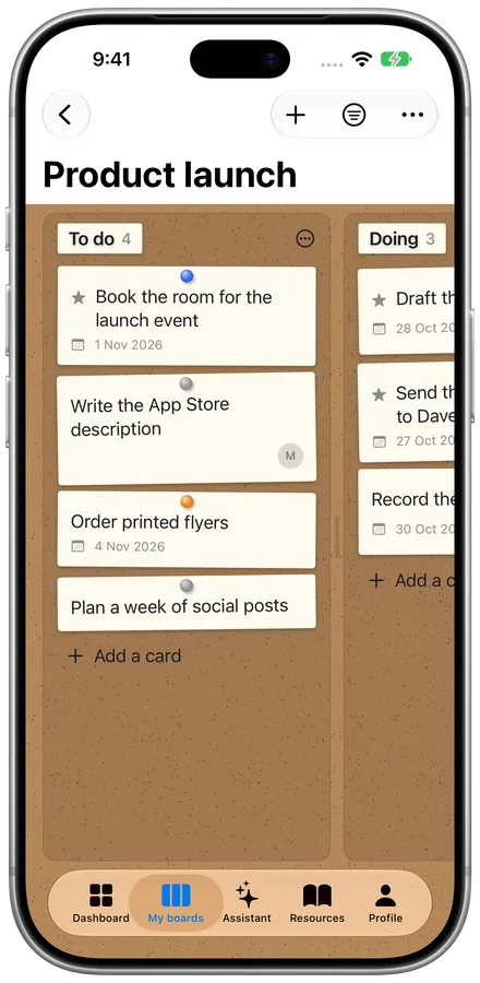 A board in the Pinboard theme: paper notes pinned to cork