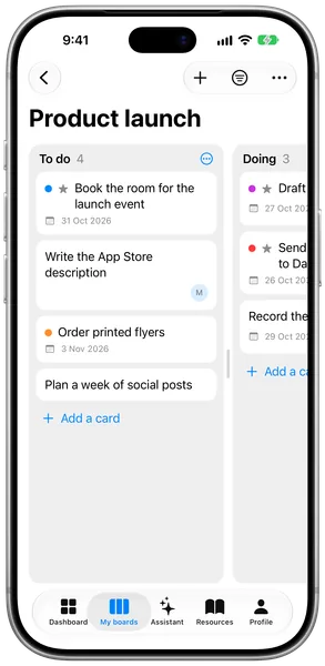 The same Product launch board on iPhone